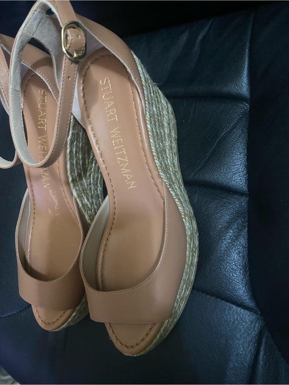 Stuart Weitzman Tan Leather Wedge Sandals with Ankle Strap - Picture 2 of 4